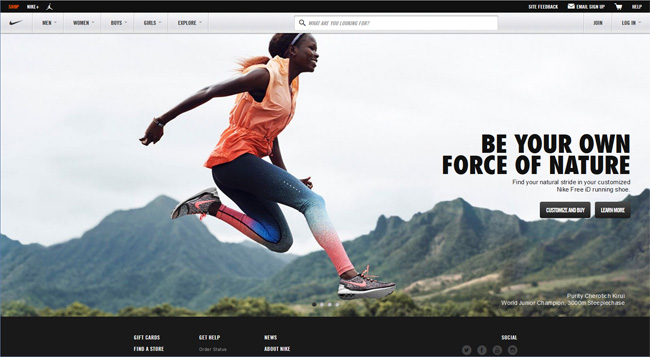 Nike website with large images and text